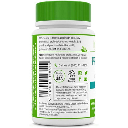 Hyperbiotics PRO-Dental w/ 4 Targeted Strains & Chelated Zinc - Clinically Studied for Oral Health - Natural Mint Flavor - 45 LiveBac Chewable Tablets