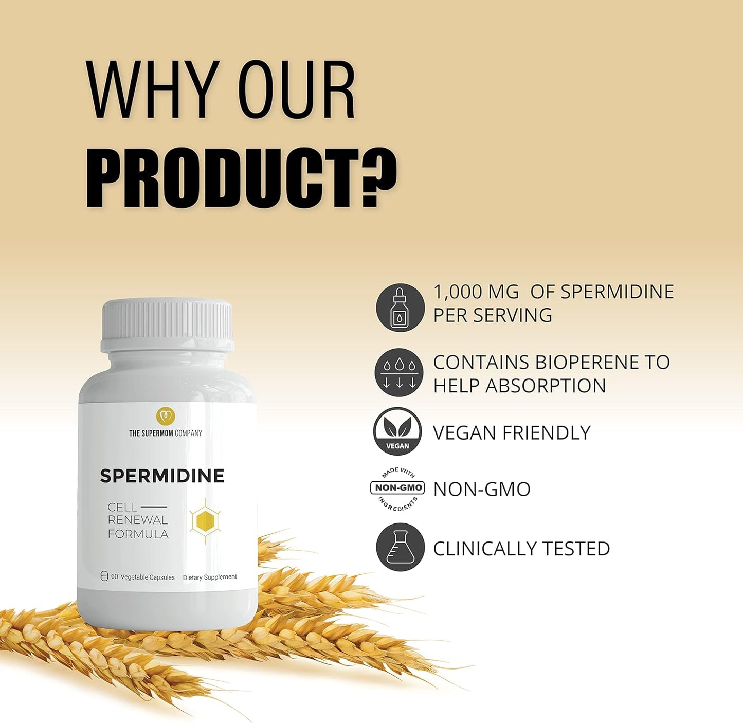 Spermidine 60 Vegetable Capsules - Wheat Germ Extract with 1000 mg Spermidine Supplement, Bioperine for Maximum Absorption and Zinc for Cell Membrane Renewal – Telomere Health and Healthy Aging
