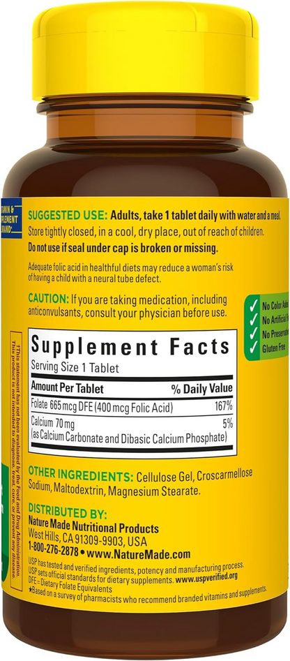 Nature Made Folic Acid 400 mcg (665 mcg DFE), Dietary Supplement for Nervous System Function, 250 Tablets, 250 Day Supply