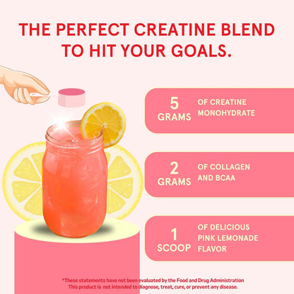 Peach Perfect Creatine for Women Booty Gain, Muscle Builder, Energy Boost, Pink Lemonade, Cognition Aid | Collagen, BCAA, lean muscle, Creatine Monohydrate Micronized Powder, Alt Creapure, 30 Servings
