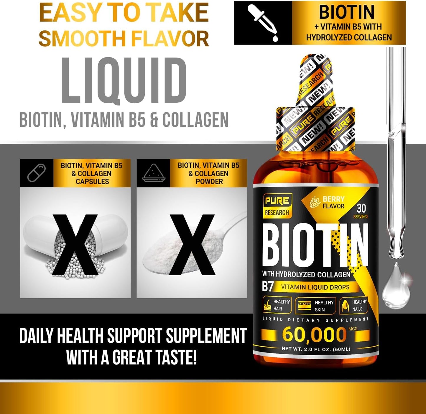PURE RESEARCH Liquid Biotin & Collagen Hair Growth Drops 50,000 mcg Glowing Skin, Hair & Nail