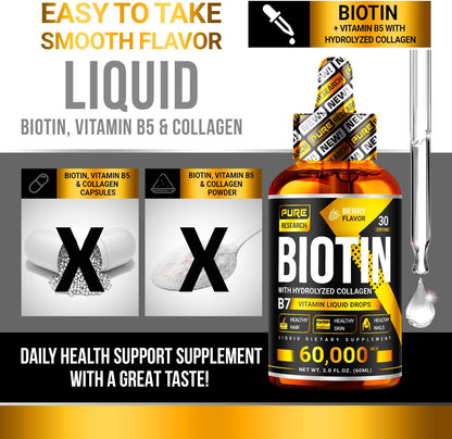 PURE RESEARCH Liquid Biotin & Collagen Hair Growth Drops 50,000 mcg Glowing Skin, Hair & Nail