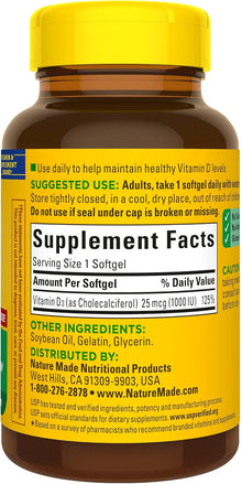 Nature Made Vitamin D3 1000 IU (25 mcg) 180 Softgels Nature Made