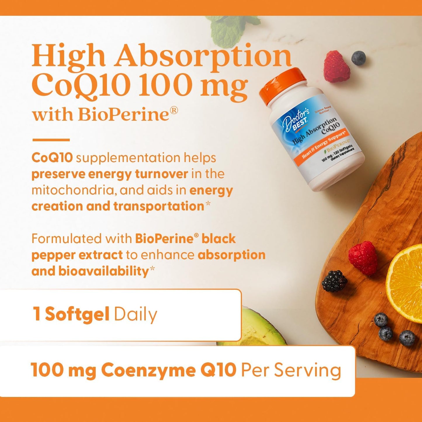 Doctor's Best High Absorption CoQ10 with BioPerine, Gluten Free, Naturally Fermented, Heart Health, Energy Production, 100 mg, 120