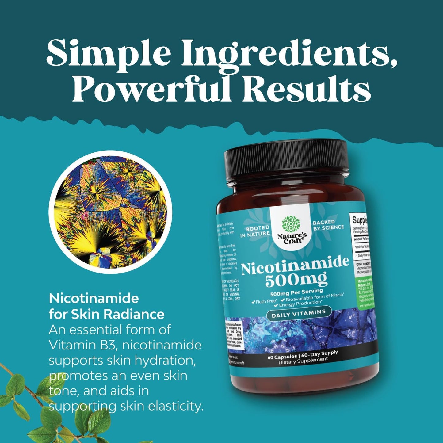 Nature's Craft Vitamin B3 Niacinamide 500mg Capsules - Mitochondrial Energy and Potent Skin Supplement - 60 Count