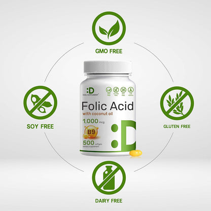 DEAL SUPPLEMENT Folic Acid 1000 mcg (1 mg), 500 Coconut Oil Softgels | Bioavailable Prenatal Vitamins (Vitamin B9) – 1,667 mcg DFE – Easy to Swallow,...