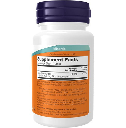 NOW Foods Supplements, Zinc (Zinc Gluconate) 50 mg, 100 Tablets