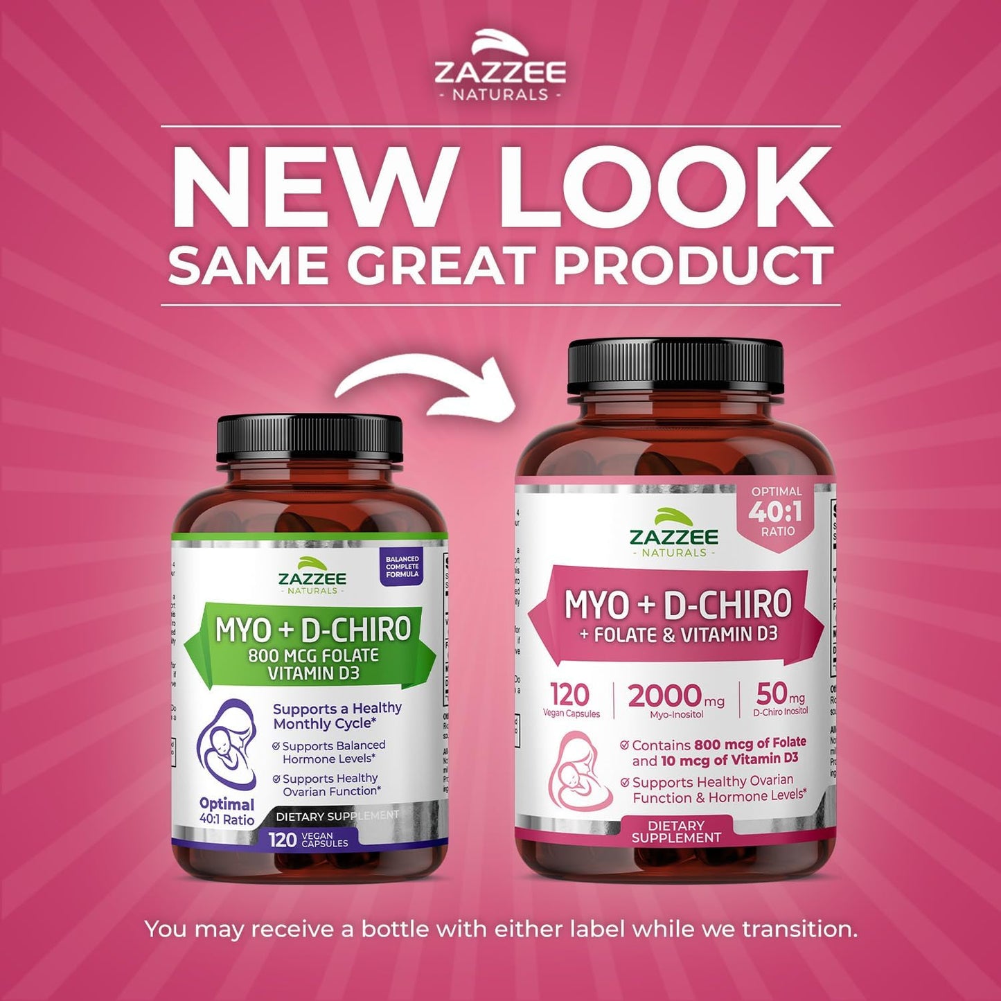 Zazzee Naturals Myo-Inositol + D-Chiro, with Folate (5-MTHF) + D3, 120 Vegan Capsules