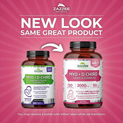 Zazzee Naturals Myo-Inositol + D-Chiro, with Folate (5-MTHF) + D3, 120 Vegan Capsules