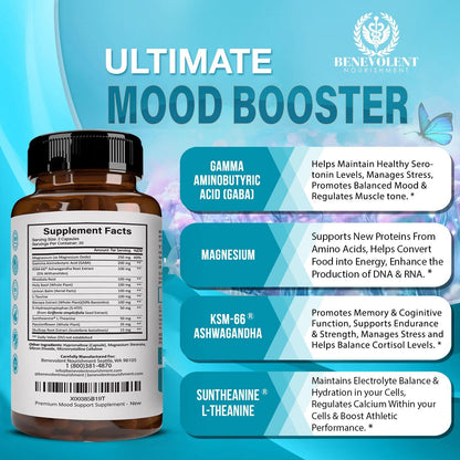 Calm Mood Booster Supplement - Natural Happy Pills for Stress, Sleep & Mood Support - 60 Count