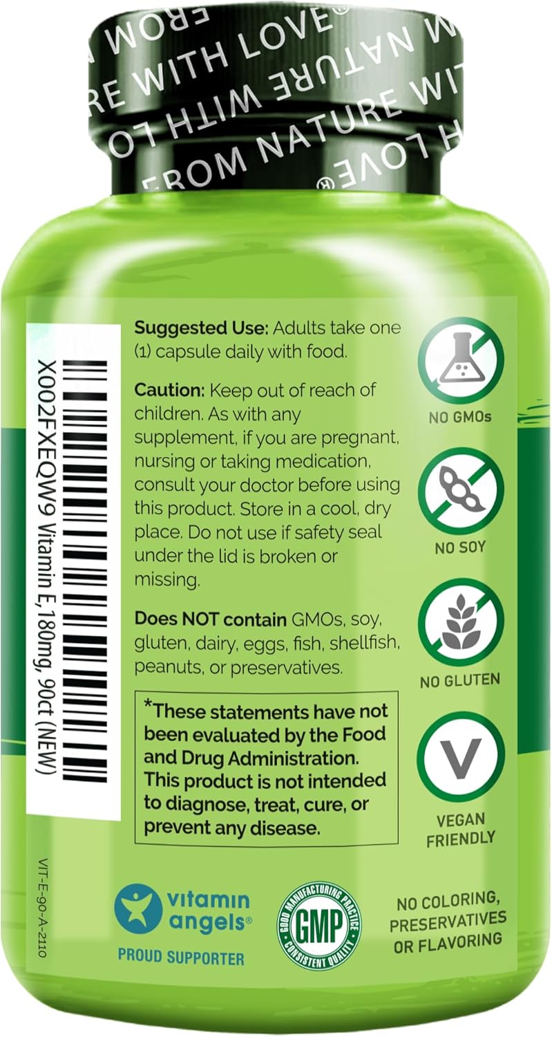 NATURELO Vitamin E - 180 mg (300 IU) of Natural Mixed Tocopherols from Organic Whole Foods - Supplement for Healthy Skin, Hair, Nails, Immune & Eye Health - Non-GMO, Soy Free - 90 Vegan Capsules