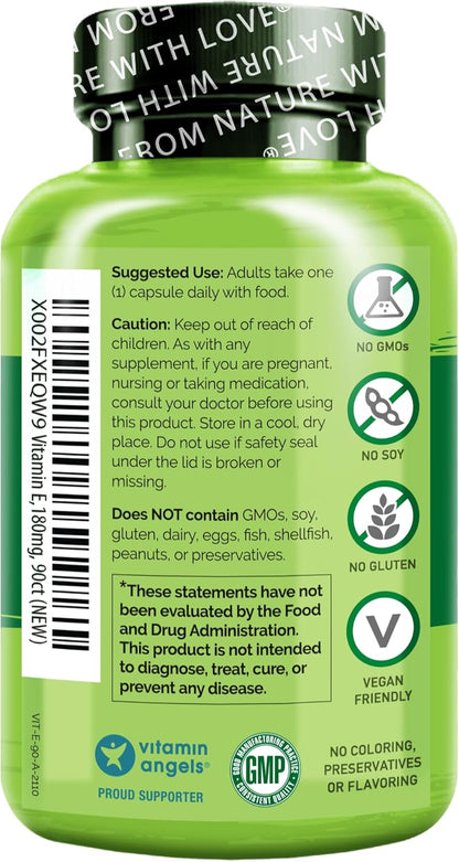 NATURELO Vitamin E - 180 mg (300 IU) of Natural Mixed Tocopherols from Organic Whole Foods - Supplement for Healthy Skin, Hair, Nails, Immune & Eye Health - Non-GMO, Soy Free - 90 Vegan Capsules