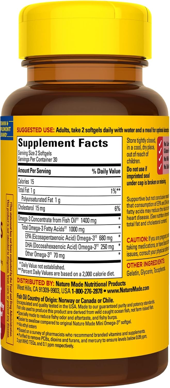 Nature Made Extra Strength Burp Less Omega 3 Fish Oil 1400 mg Minis, Fish Oil 60 Softgels