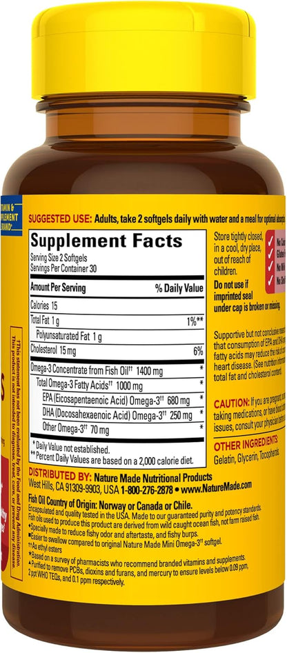 Nature Made Extra Strength Burp Less Omega 3 Fish Oil 1400 mg Minis, Fish Oil 60 Softgels