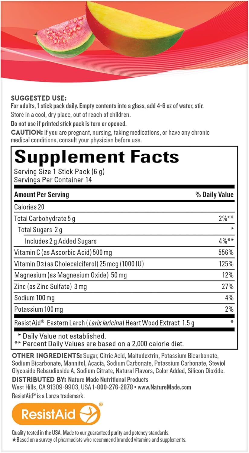 Nature Made Wellblends Active Immune Defense Fizzy Drink Mix, ResistAid, Vitamin C 500mg, Vitamin D 1000 IU, Zinc, and Electrolytes Powder, 14 Stick Packs
