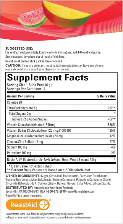 Nature Made Wellblends Active Immune Defense Fizzy Drink Mix, ResistAid, Vitamin C 500mg, Vitamin D 1000 IU, Zinc, and Electrolytes Powder, 14 Stick Packs