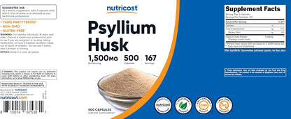 Nutricost Psyllium Husk 1500mg Per Serving, 500 Capsules - Non-GMO & Gluten Free