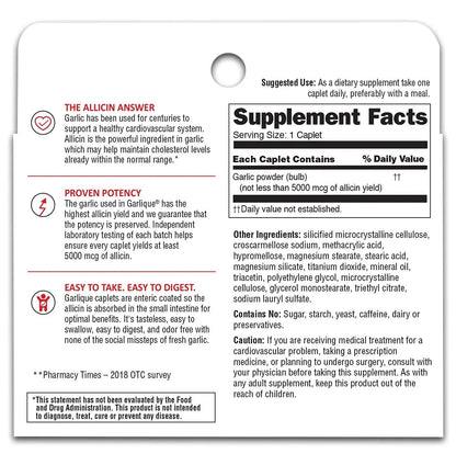 Garlique Garlic Extract Supplement, Healthy Cholesterol Formula, Cholesterol Support, 5000 mcg allicin,60 Caplets Vitamins Depots