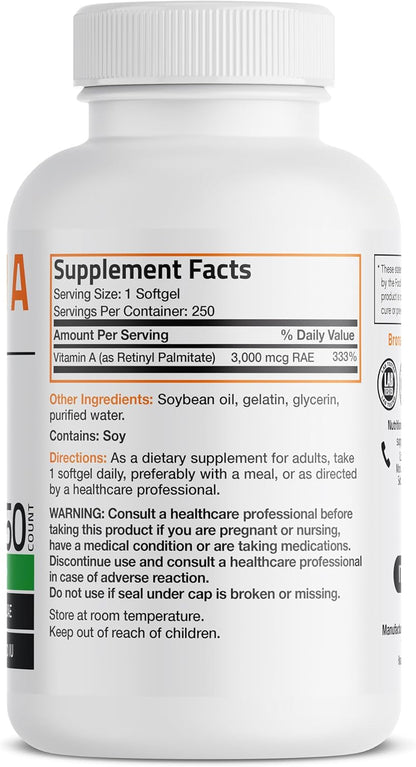 Bronson Vitamin A 10,000 IU Premium Non-GMO Formula Supports Healthy Vision & Immune System and Healthy Growth & Reproduction, 250 Softgels