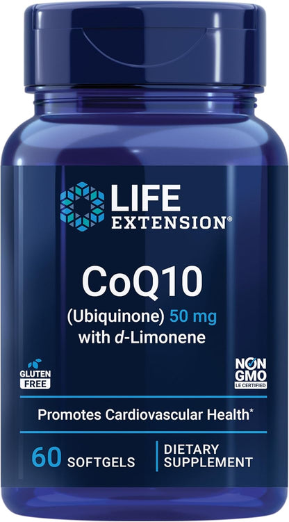 Life Extension Super-Absorbable CoQ10 (Ubiquinone) with d-Limonene, Heart Health Supplement, relieves General Fatigue, oxidative Stress Defense, 50 mg, Non-GMO, Gluten-Free, 60 softgels