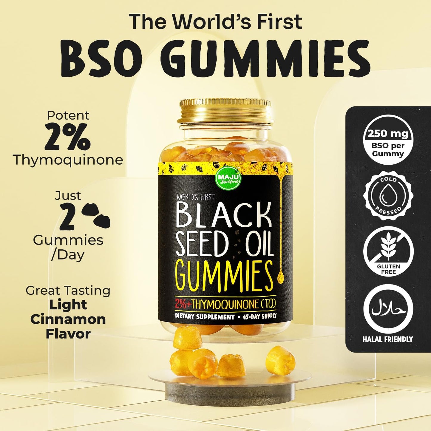 MAJU's Black Seed Oil Gummies, World's 1st, 2.5X Per BSO Gummy, Cumin Nigella Sativa Oil, Cold-Pressed, Potent Formula with Cinnamon Extract, Tasty, 500mg 90 ct