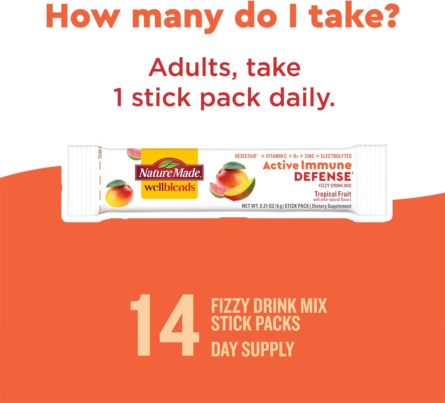 Nature Made Wellblends Active Immune Defense Fizzy Drink Mix, ResistAid, Vitamin C 500mg, Vitamin D 1000 IU, Zinc, and Electrolytes Powder, 14 Stick Packs