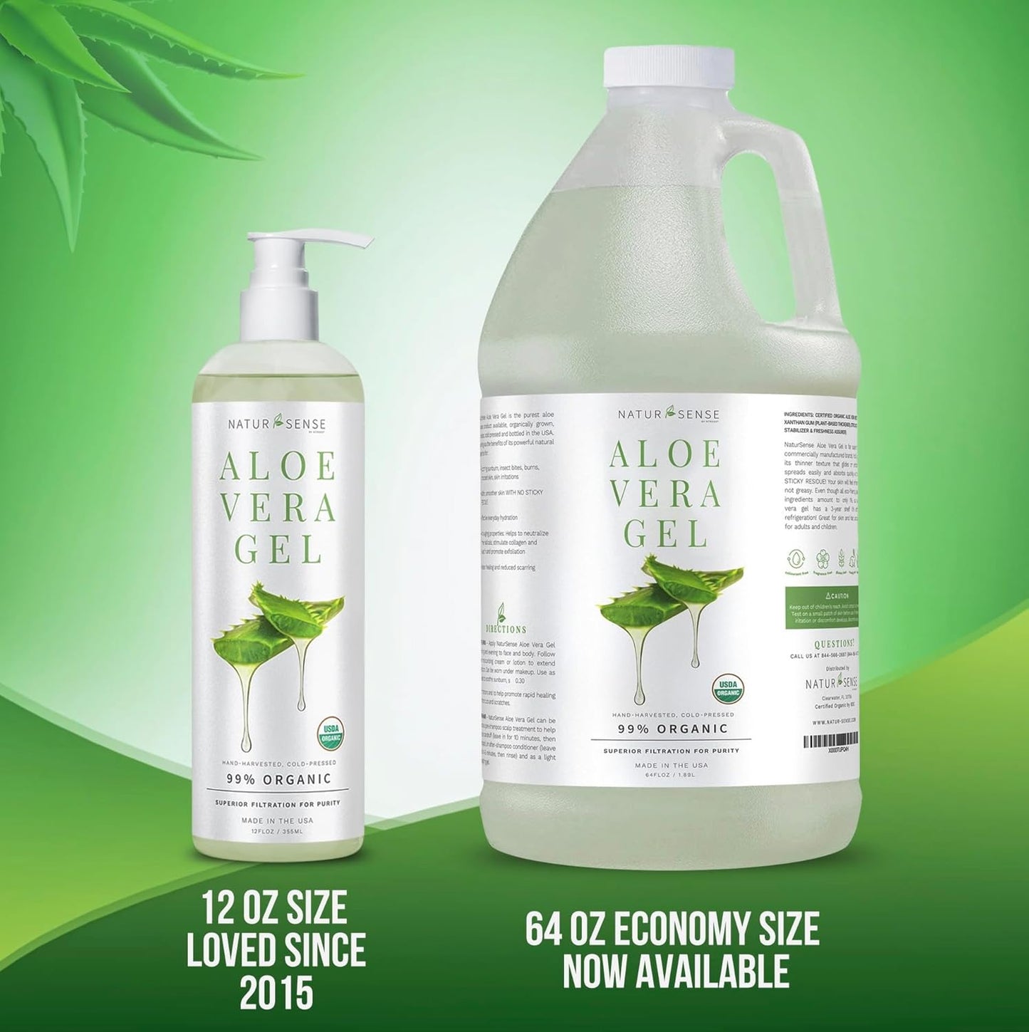 NTRSNS NaturSense Organic Aloe Vera Gel from 100% Pure Aloe–Great for Hair, Scalp, Face, Dry Skin, Acne, Sunburn, Sensitive Skin–Unscented, USDA Certified–12 oz.