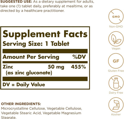 SOLGAR, Zinc for Healthy Skin, Taste & Vision - Immune System & Antioxidant Support - Supports Cell Growth & DNA Formation - Non GMO, Vegan, Gluten Free - 100 Servings