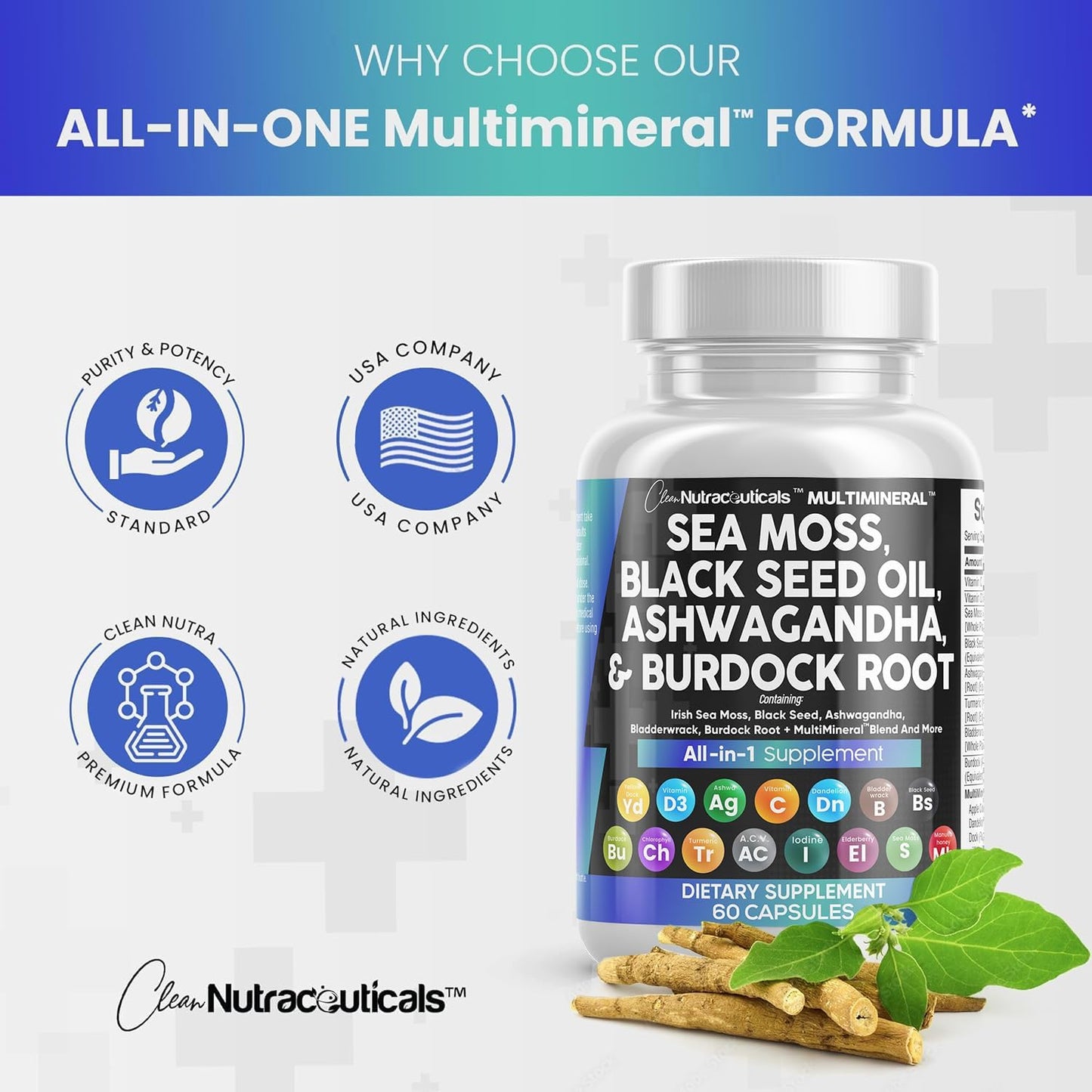 Sea Moss 3000mg Black Seed Oil 2000mg Ashwagandha 1000mg Turmeric 1000mg Bladderwrack 1000mg Burdock 1000mg & Vitamin C & D3 with Elderberry