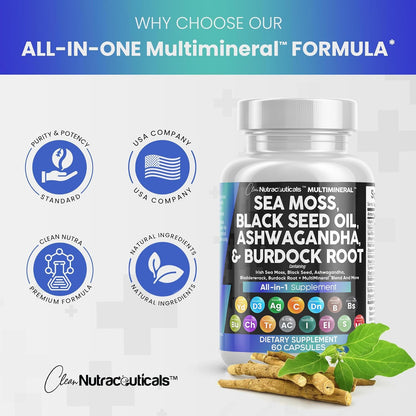 Sea Moss 3000mg Black Seed Oil 2000mg Ashwagandha 1000mg Turmeric 1000mg Bladderwrack 1000mg Burdock 1000mg & Vitamin C & D3 with Elderberry