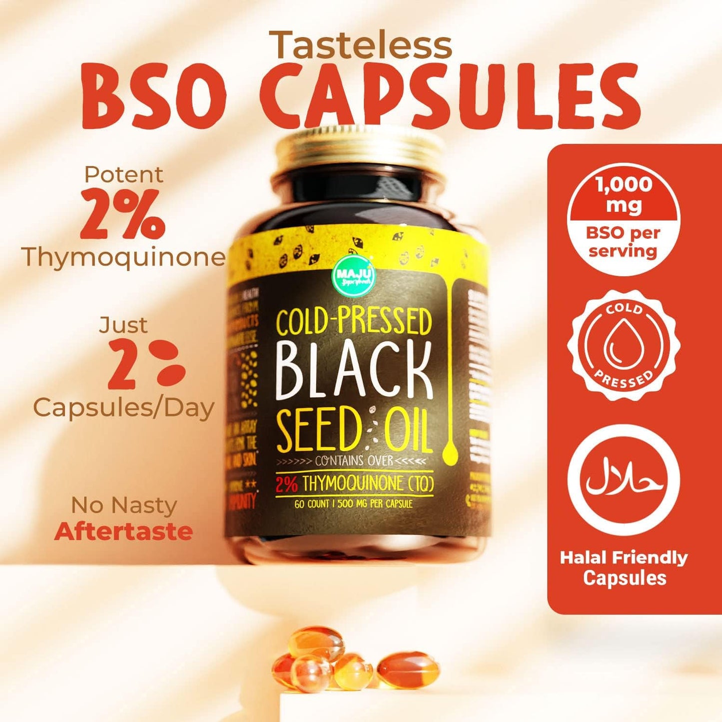 MAJU's Black Seed Oil Capsules - Cold Pressed, 2% Thymoquinone, 100% Turkish Black Cumin Nigella Sativa Seed Oil, 100% Liquid Pure Blackseed Oil 60 Count