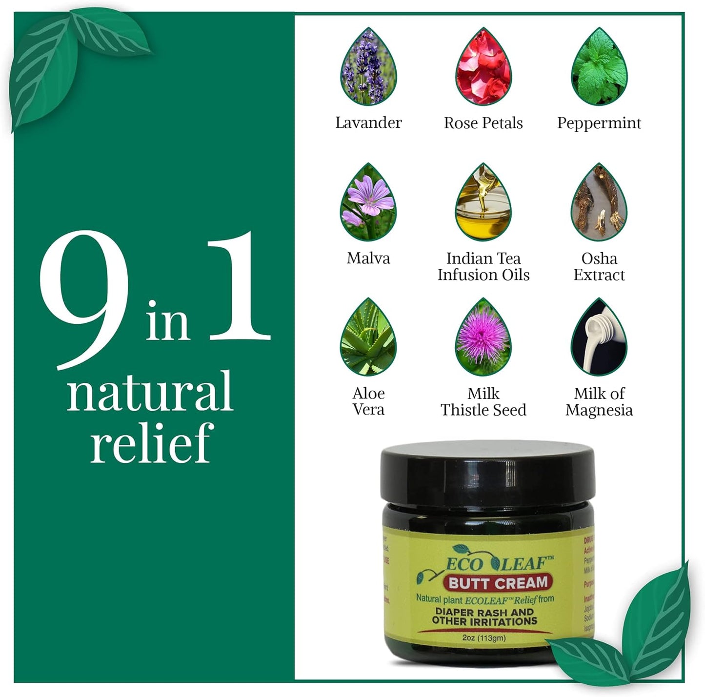 ECOLEAF Butt Cream Symptomatic Rash Relief | Made in the USA with Organic Plant Extracts & Oils | Great for Diaper Rashes, Chafing, Burns, Cuts, Itching | Designed for Babies, Kids, Adults, Athletes