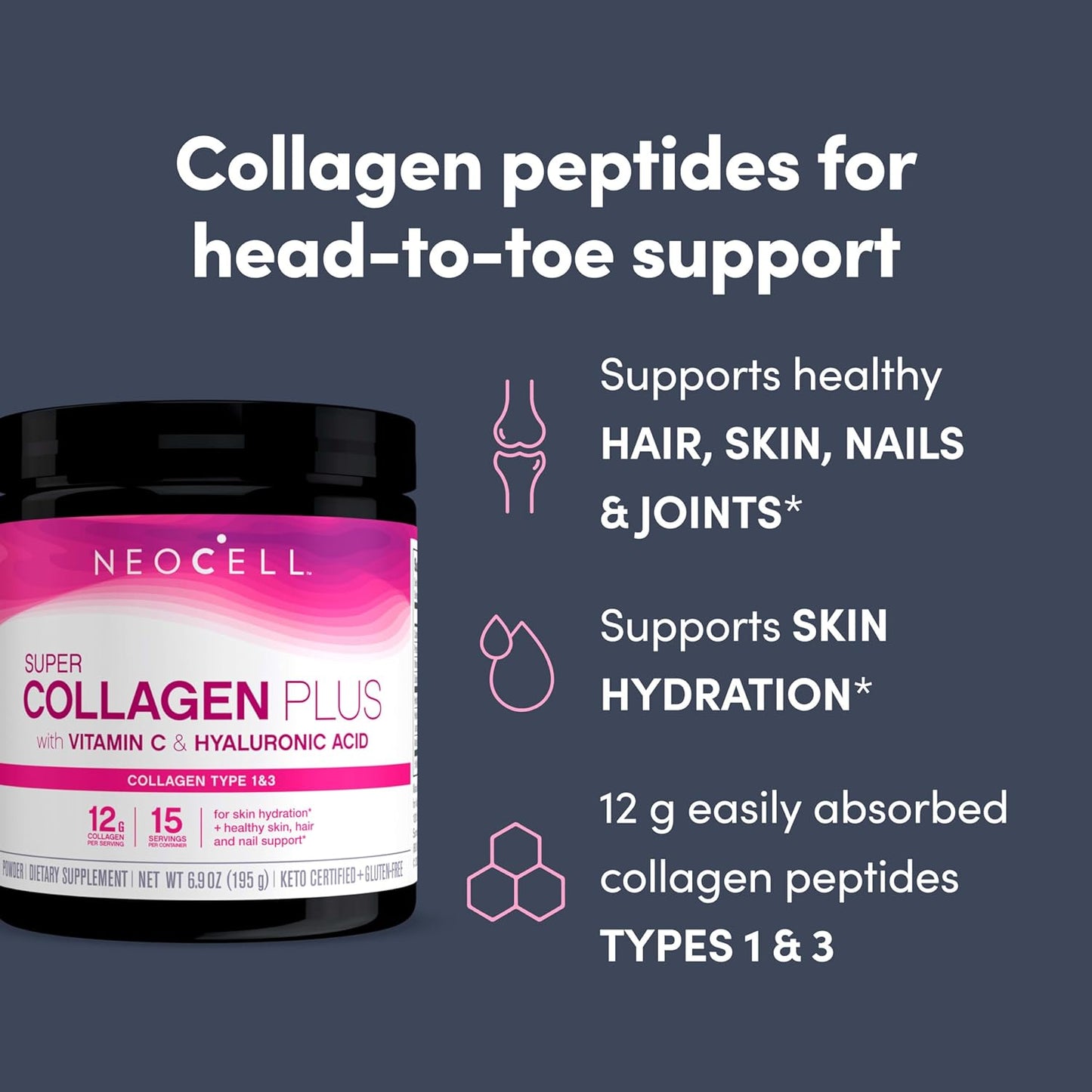 NeoCell Super Collagen Plus With Vitamin C and Hyaluronic Acid, Unflavored, Collagen Powder, 6.9 oz.