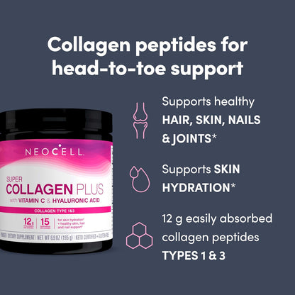 NeoCell Super Collagen Plus With Vitamin C and Hyaluronic Acid, Unflavored, Collagen Powder, 6.9 oz.