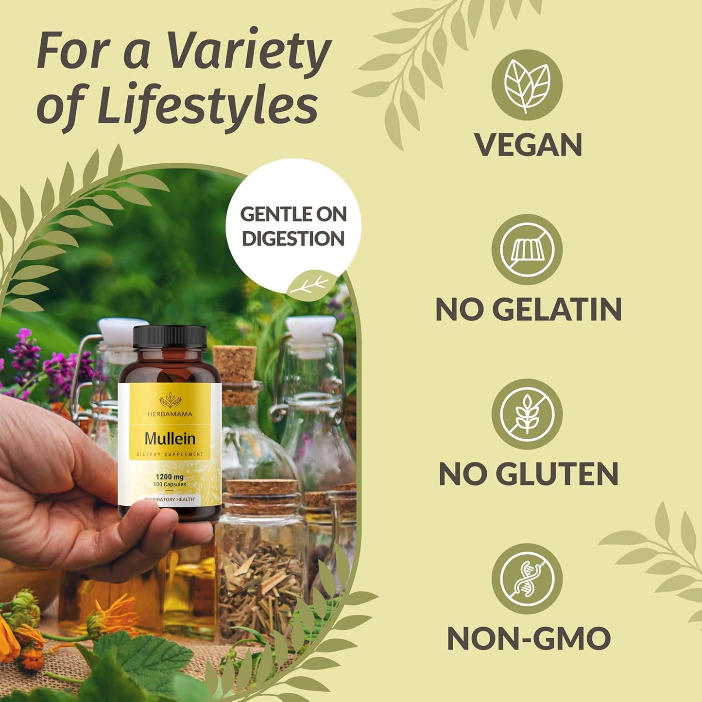 Mullein Leaf Capsules - Lung Cleanse - Respiratory Health - Organic Mullein Leaf Extract for Lung Detox - 1200mg 100 Vegan Caps