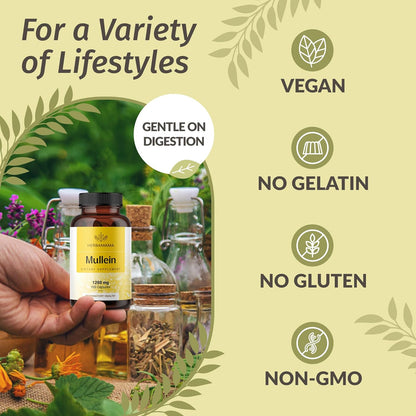 Mullein Leaf Capsules - Lung Cleanse - Respiratory Health - Organic Mullein Leaf Extract for Lung Detox - 1200mg 100 Vegan Caps