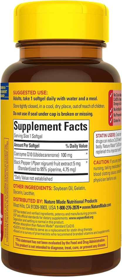 Nature Made CoQ10 100mg with Black Pepper Extract, 30 Softgels