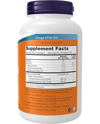NOW Foods, Omega-3 Fish Oil, 1,000 mg, 180 EPA - 120 DHA, 100 Softgels
