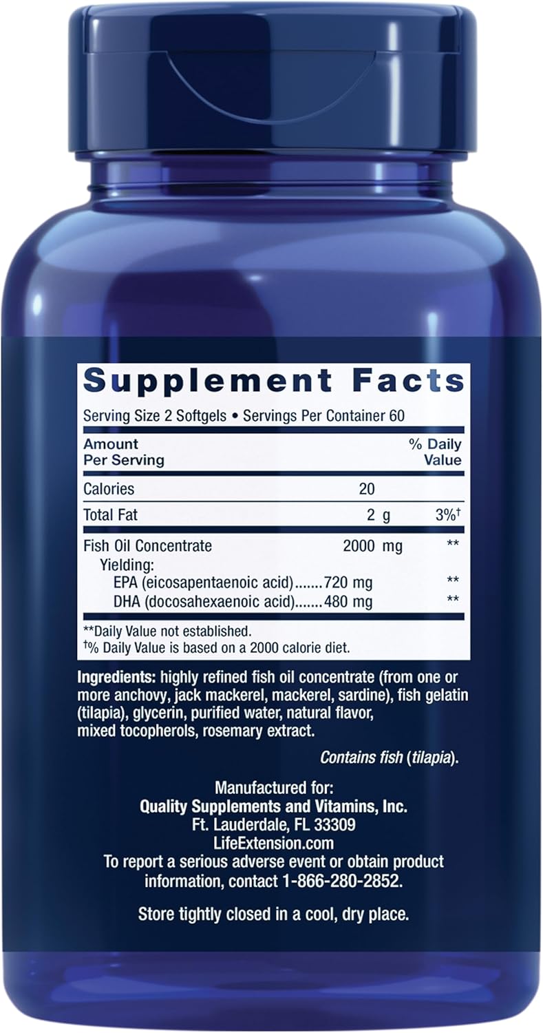 Life Extension Mega EPA/DHA, Omega-3 Fatty acids, Heart & Brain Health, Inflammation Health Support, Non-GMO, Gluten-Free, 120 softgels