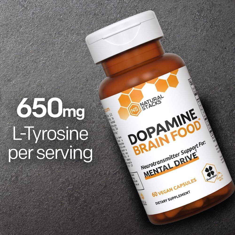 NATURAL STACKS Dopamine Focus Supplement & Memory Supplement for Brain w/ L-Tyrosine - Promotes Mental Drive, Clarity & Focus - Natural Dopamine Supplements & Mood Support Supplement, 60 Vegan Capsule