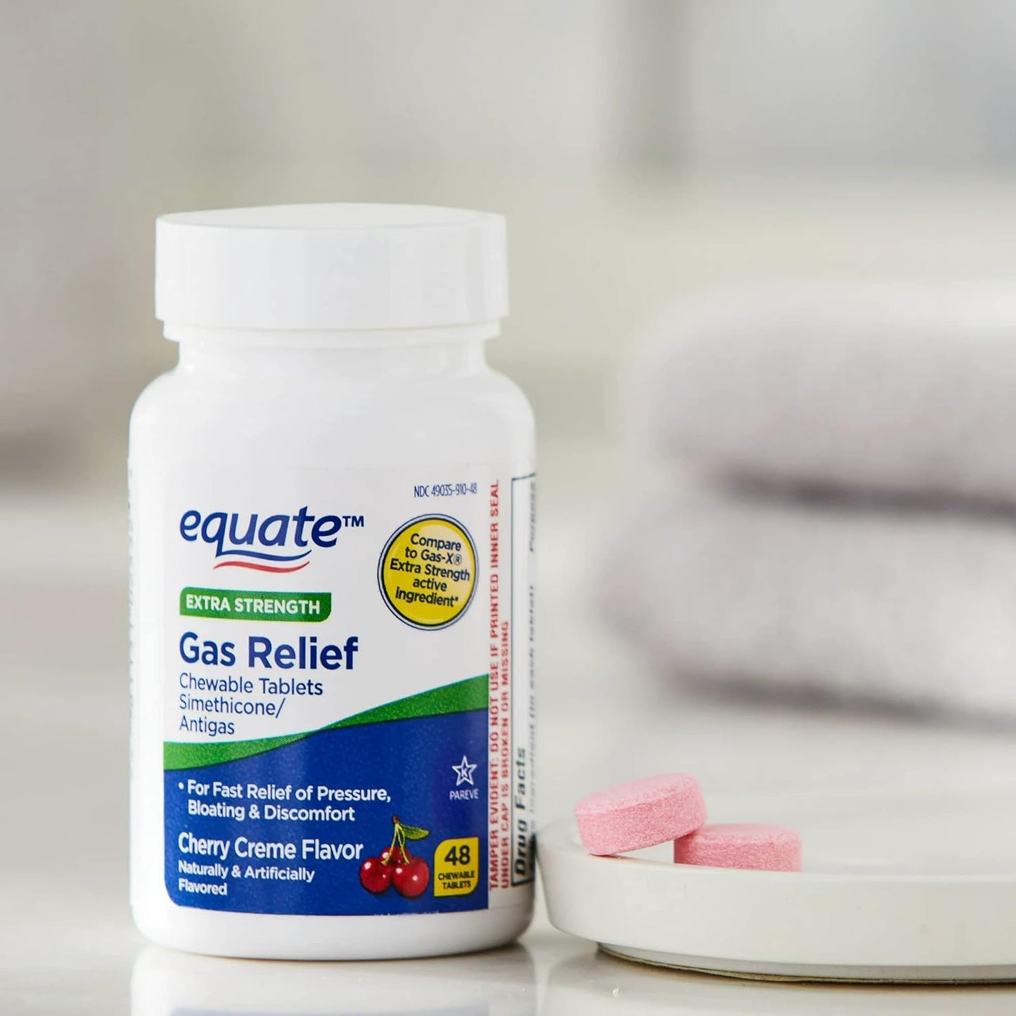 Equate Extra Strength Gas Relief Chewable Tablets, Cherry Creme, 48 Count