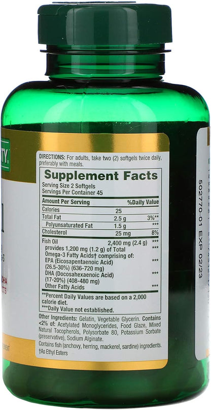 Nature's Bounty Fish Oil, Supports Heart Health, 2400mg, Coated Softgels, 90 Ct.
