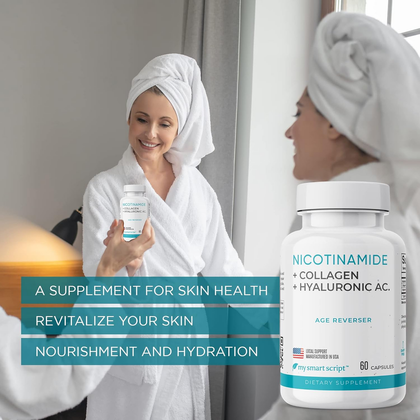 Anti Aging Supplement | Nicotinamide B3, Collagen Peptides & Hyaluronic Acid | Helps Skin Nourishment, Elasticity and Hydration | Flush Free and Cell Repair | One capsule a day - 60 Capsules.