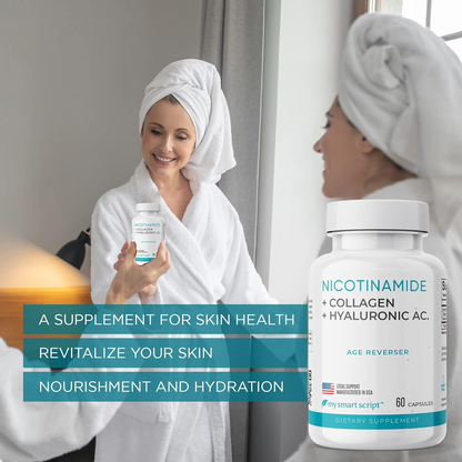 Anti Aging Supplement | Nicotinamide B3, Collagen Peptides & Hyaluronic Acid | Helps Skin Nourishment, Elasticity and Hydration | Flush Free and Cell Repair | One capsule a day - 60 Capsules.