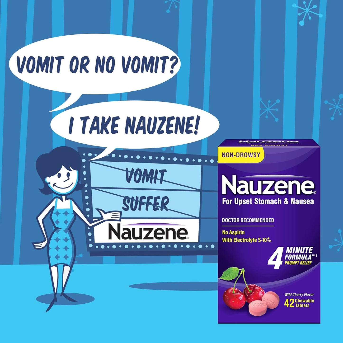 Nauzene Upset Stomach & Nausea Chewable Tablets Flavor, Wild Cherry, 42 Count