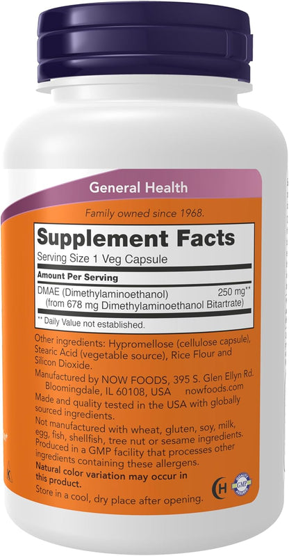 NOW Foods Supplements, DMAE, 250 mg, 100 Veg Capsules