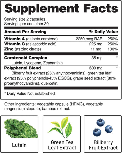 Snap Eye Health Supplements for Adults, Lutein and Zeaxanthin Supplements, Bilberry Extract, Lycopene Supplement, Support Eye Health, Natural Carotenoid