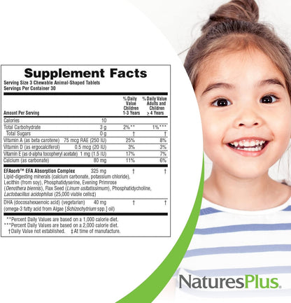 NaturesPlus Animal Parade DHA Children's Chewables - Natural Cherry Flavor - 90 Chewable Animal-Shaped Tablets - Omega 3 Fatty Acid Supplement - Gluten Free - 30 Servings
