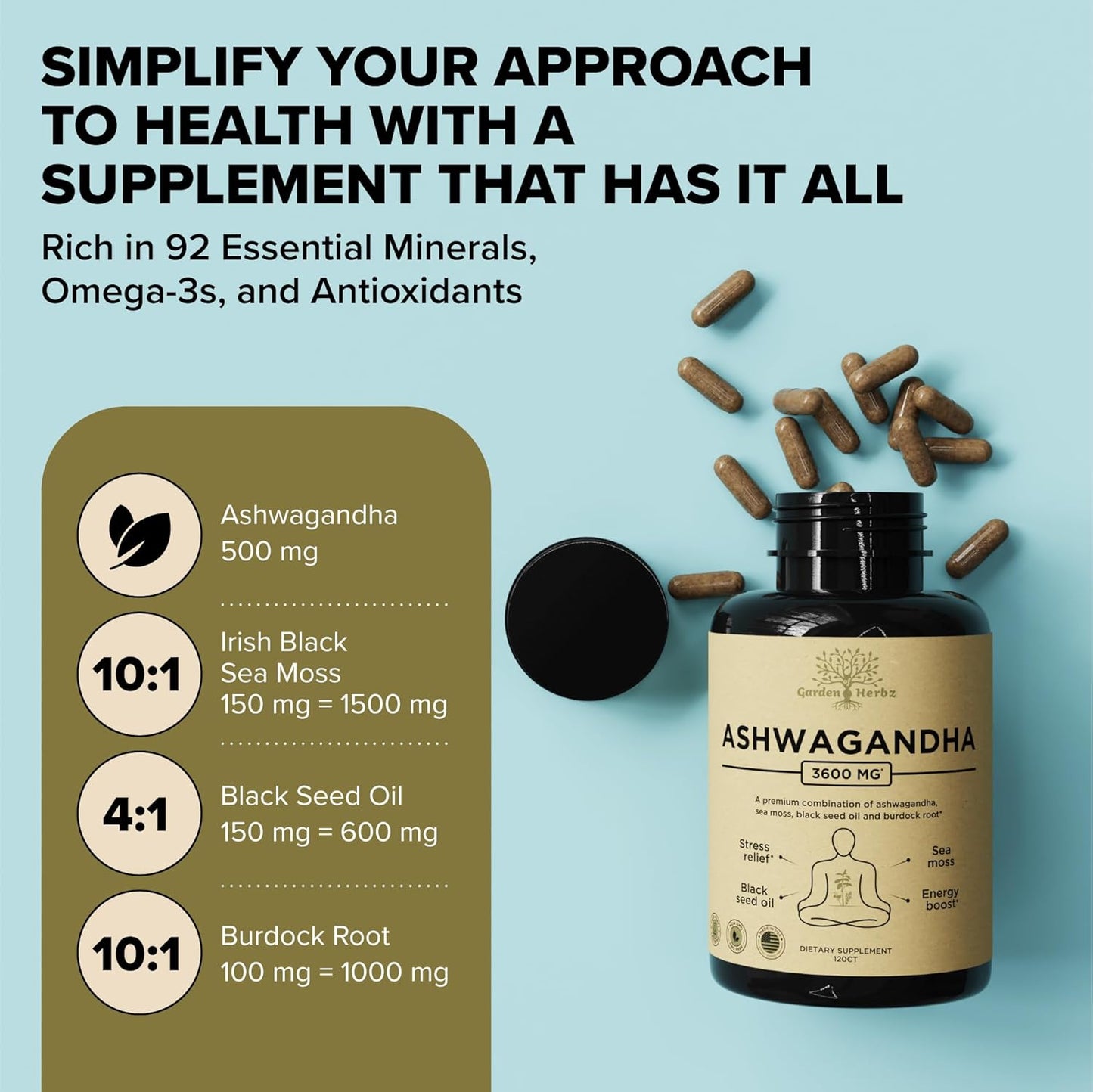Organic Ashwagandha Root & Irish Sea Moss – 3,600 mg Ashwagandha Supplement -  60 Caps