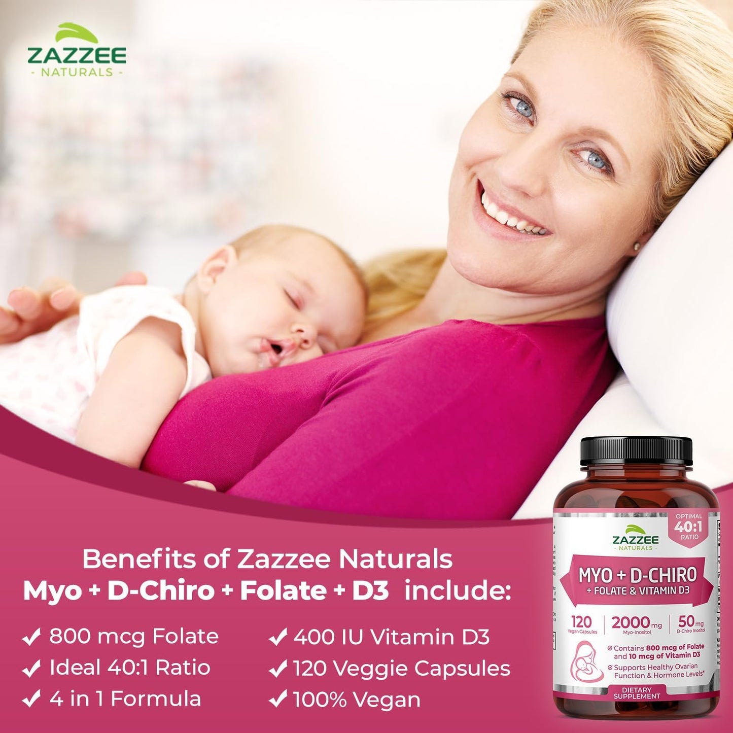 Zazzee Naturals Myo-Inositol + D-Chiro, with Folate (5-MTHF) + D3, 120 Vegan Capsules